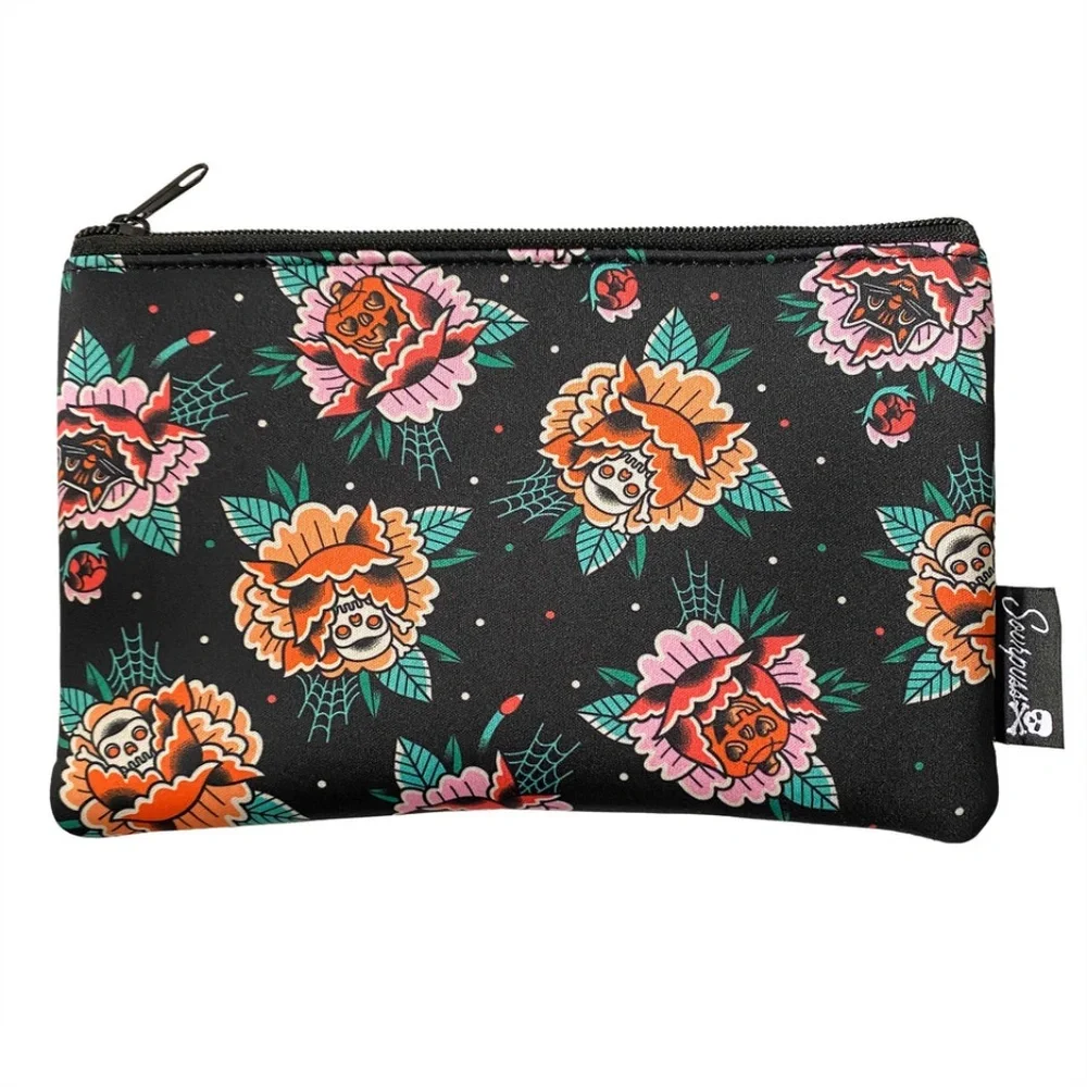 Sourpuss Peony Flowers w black cats skulls pumpkins Makeup Pencil  Zip Case New